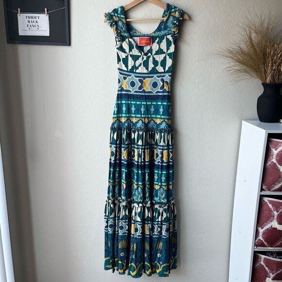 La DoubleJ Dress Pimento Blue Printed V-Neck Short Sleeve Maxi Dress Size XS - Picture 2 of 13